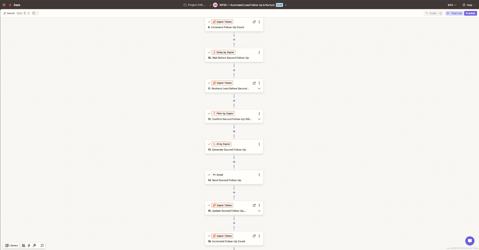 P046 Zapier workflow sending the personalized follow-up, updating tracking, and incrementing follow-up count before the next cycle