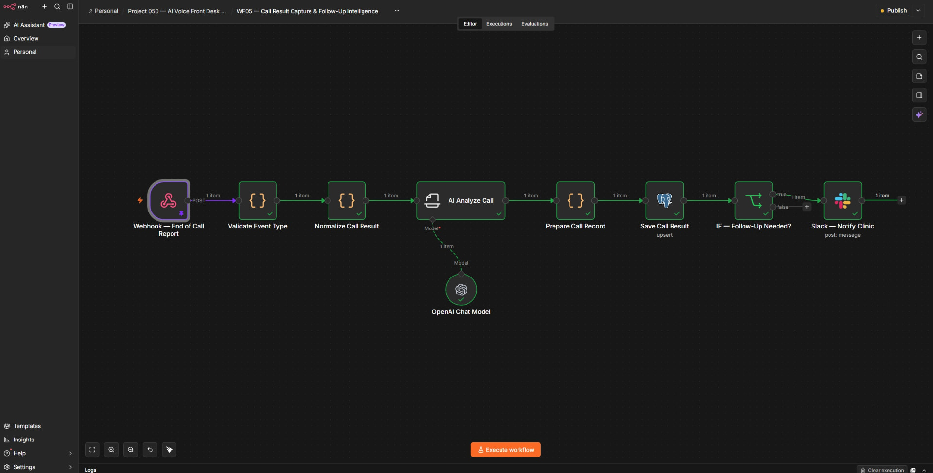 P050 n8n workflow for AI call analysis, database capture, and Slack follow-up notification