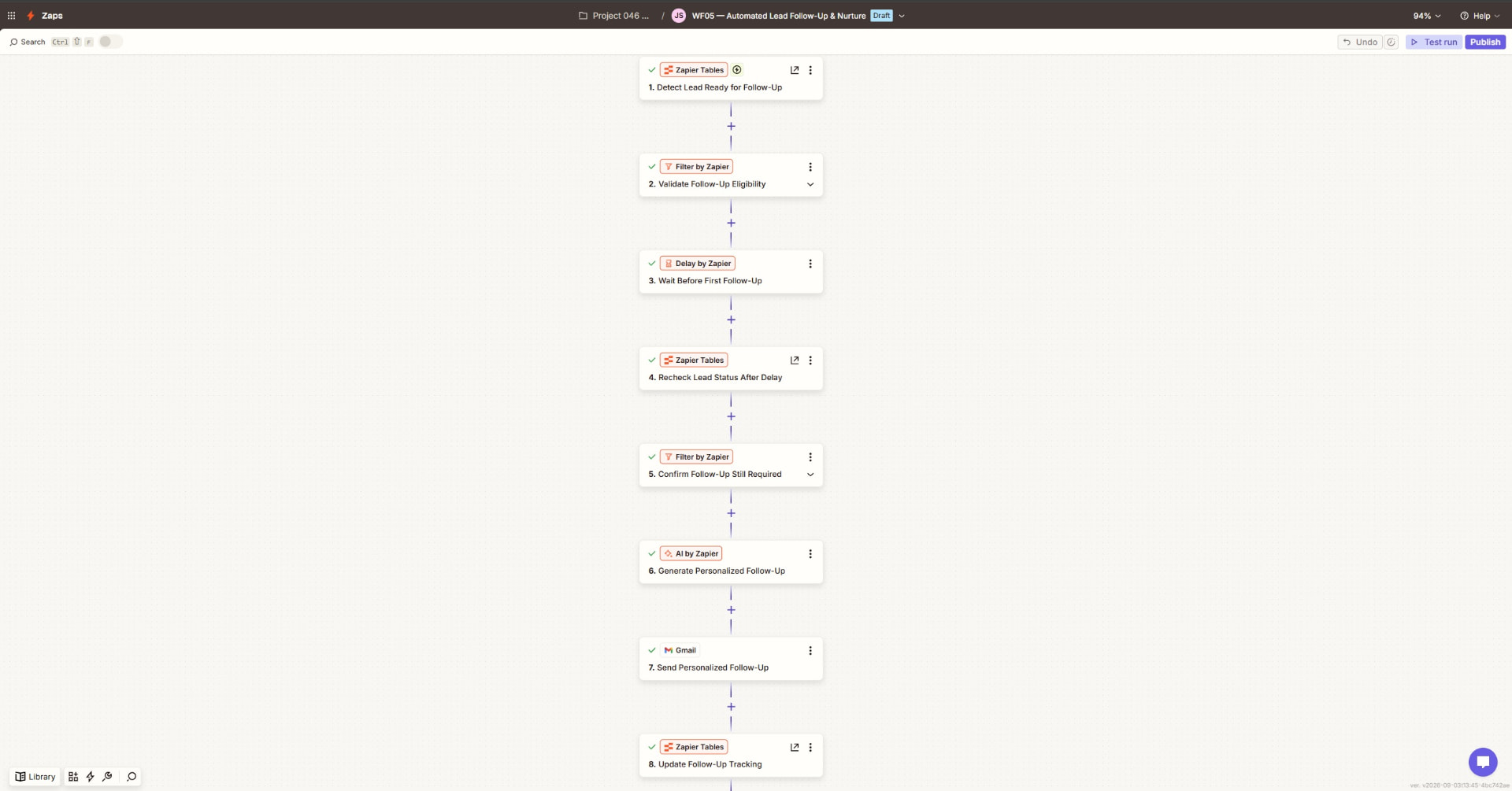 P046 Zapier workflow detecting follow-up-ready leads, validating eligibility, waiting, rechecking status, and generating a personalized follow-up