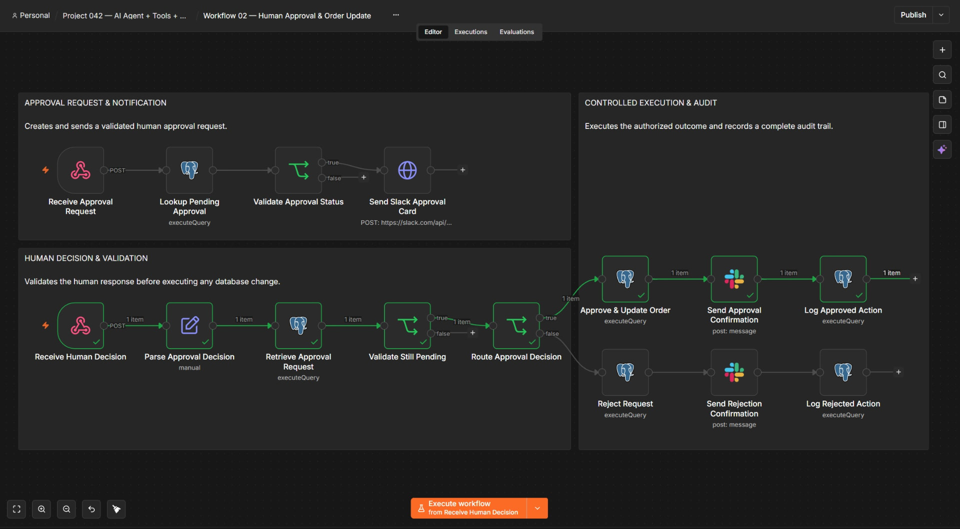 P042 n8n workflow canvas showing the approved branch updating an order, sending confirmation, and recording the action