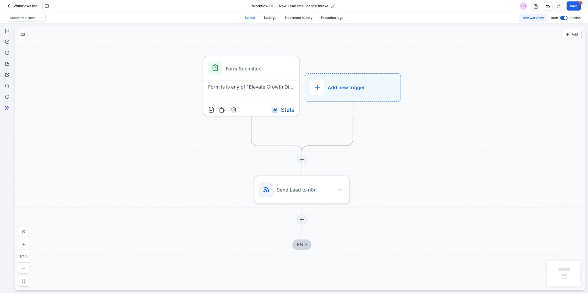 P049 GoHighLevel workflow canvas for new lead intelligence intake and n8n handoff