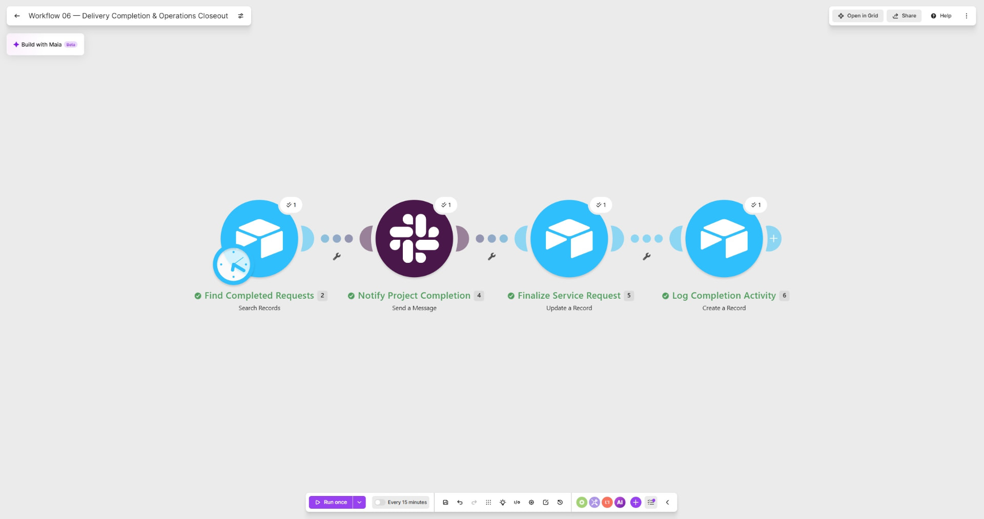 P047 Make workflow for completed request detection, project completion notification, service record finalization, and closeout logging