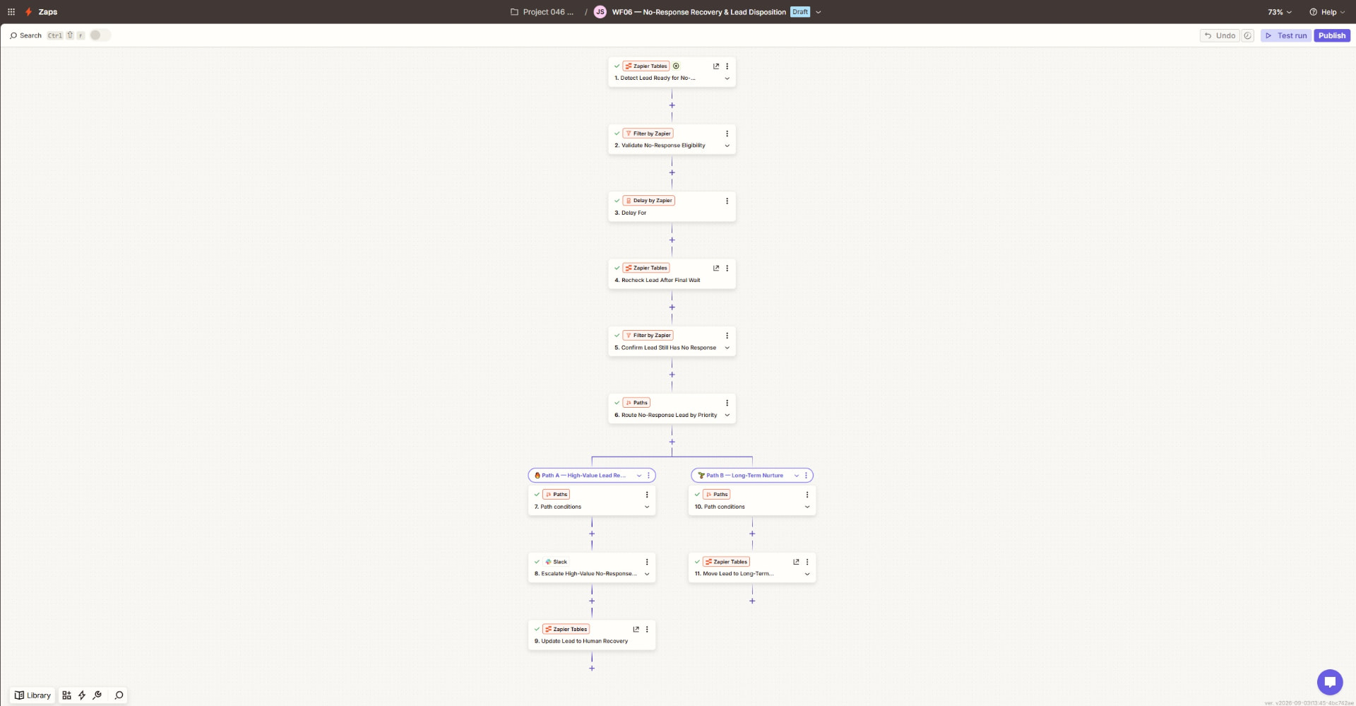 P046 Zapier workflow detecting unresponsive leads, delaying, routing by priority into high-value recovery or long-term nurture paths