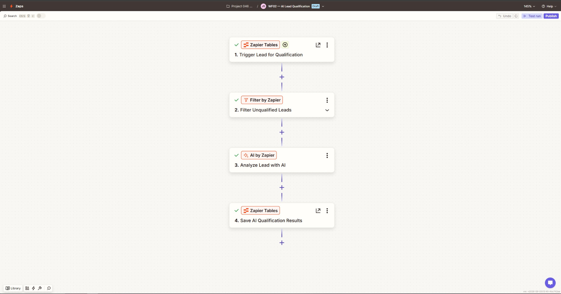 P046 Zapier workflow triggering lead qualification, filtering unqualified leads, analyzing the lead with AI, and saving qualification results